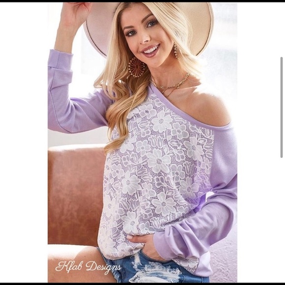 New! Sale 🔥 Feminine Soft Lavender French Terry Lace Front Top - Picture 4 of 8